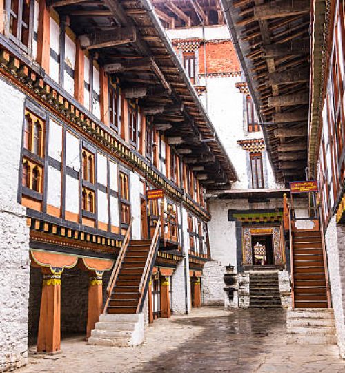 The impressive dzong of Jakar, Bumthang, Bhutan. Dzongs are fortress like buildings that house a monastery and administrative offices.